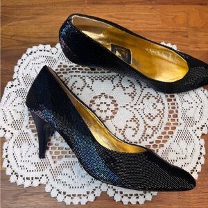 J. Renee Vintage Hand Beaded Pumps Irrescent Blue Purple Black 9.5 Narrow